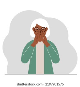 The grandmother covers his nose with his hands. The concept of a sick person, sneezes, seasonal allergies, bad smell. Vector flat illustration.