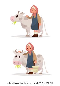 Grandmother with a cow. Illustration rustic dairy products. Vector illustration