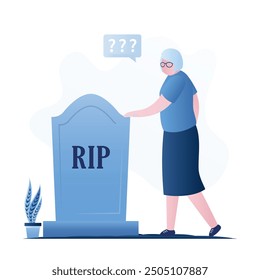 Grandmother crying on grave of her husband. Sad old woman grieving in cemetery. Senior adult standing at gravestone of beloved partner or other close person. Family member death. vector illustration