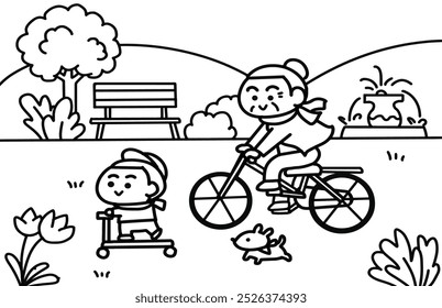 Grandmother cycling bicycle coloring pages style.