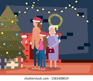 grandmother with daughter and granddaughter in room christmas decorated vector icons