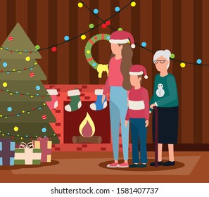 grandmother with daughter and grandson in room christmas decorated vector illustration