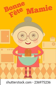 Grandmother Day France. Greeting Card with Grandma in Cartoon Style. Vector Illustration