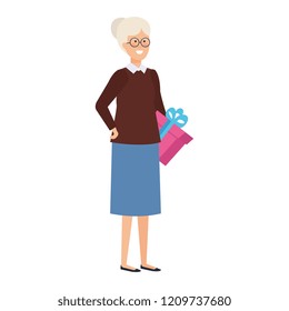 grandmother with december clothes and gifts