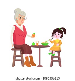 Grandmother dining time with granddaughter wearing yellow dress, family by table full of food beverage and apple, isolated on vector illustration