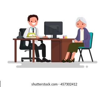 Grandmother at the doctor. Vector illustration of a flat design