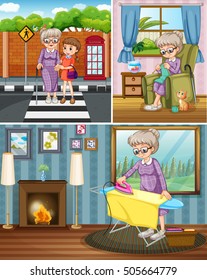 Grandmother doing different activities illustration