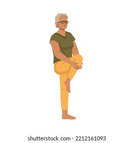 Grandmother doing exercises and stretching legs, isolated senior woman working out. Training elderly female character relaxing. Vector in flat cartoon style