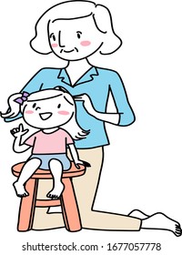 Grandmother doing granddaughter's hair. Cute grandma tying her little granddaughter's hair up in a ponytail. Little girl sitting on chair and talking to granny who doing her hair. Hand-drawn vector.