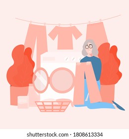 Grandmother doing laundry, washing clothes, washmachine and basket with clothing vector illustration