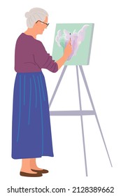 Grandmother draws a picture on an easel, a hobby of old people in retirement and leisure. Old woman creating artwork in her free time, flat cartoon vector illustration.