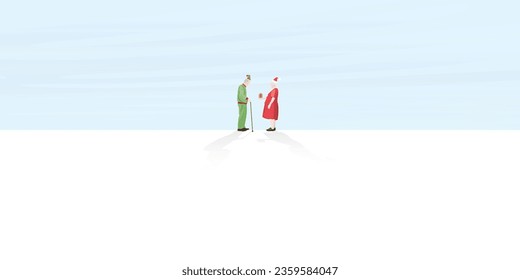 Grandmother dress up as Santa Clause give a gift to grandfather who dress up as Elf with minimal snowland background vector illustration. Merry Christmas and Happy New Year greeting card for elder.
