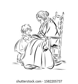 Grandmother dressed in long dress, glasses and wrapped in a warm shawl sitting on rocking chair and reading book to her grandchild. Family. Different generations. Coloring page. 