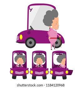 grandmother driving car alone cartoon character illustration set