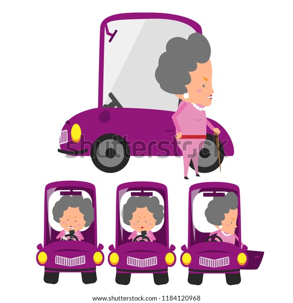 grandmother driving car alone cartoon character\
illustration set