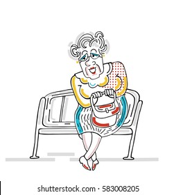 grandmother elderly old woman sitting on a bench with bag. Funny character vector illustration with color lines. isolated on white background.poster old people. poster senior. party.