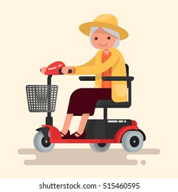 Grandmother, an elderly woman in hat rides on an electric wheelchair. Vector illustration in a flat style