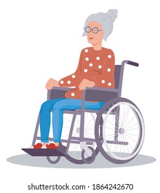 grandmother, elderly woman in wheelchair, paralysis, age, disability disease, flat vector illustration