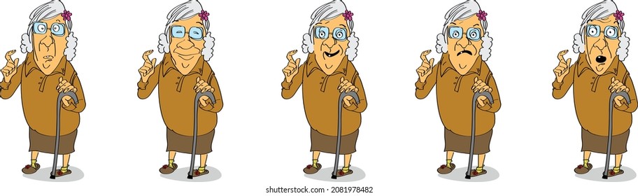 Grandmother emotions set. Old woman face with different expressions. Diversity of emotions old woman. Grandmother figure display a wide variety of moods and differences.