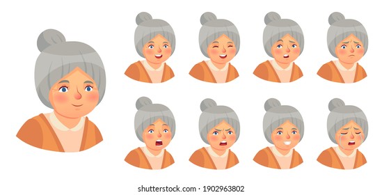 Grandmother emotions set. Vector woman lady expression, senior elder doubt face, surprise and annoying face illustration