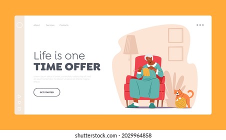 Grandmother Enjoying Knitwork Landing Page Template. Senior Woman Sitting on Armchair Knitting Clothing, Aged Granny Female Character Handcraft Hobby, Spare Time at Home. Cartoon Vector Illustration