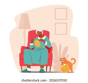 Abuela disfrutando del descanso en el trabajo con el útero, anciana sentada en un sillón en la sala de estar con la ropa de punto, hobby de pulsera de personaje de una chica mayor, tiempo de repuesto en casa. Ilustración del vector de dibujos animados