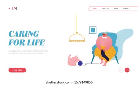 Grandmother Enjoying Knitwork Leisure Website Landing Page. Senior Woman Sitting on Sofa Knitting Clothing, Cat Play with Clew. Granny Handcraft Hobby Web Page Banner. Cartoon Flat Vector Illustration