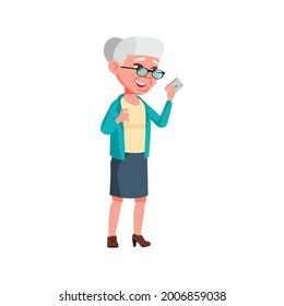 grandmother facetiming with grandchildren on phone cartoon vector. grandmother facetiming with grandchildren on phone character. isolated flat cartoon illustration