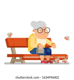Grandmother feeding birds on outdoor park bench old lady character flat design vector illustration