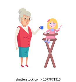 Grandmother feeding granddaughter in high-chair vector of granny and little infant girl with spoon isolated on white background, grandma and child