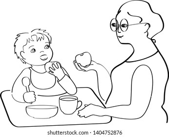 Grandmother feeds her grandson. Silhouette. Black and white