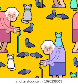 Grandmother feeds pigeons pattern. Grandma and cat background. Good Old lady and dove texture. Vector illustration