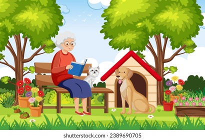 A grandmother finds solace in reading while surrounded by her beloved pet dogs in a beautiful garden