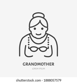 Grandmother flat line icon. Vector outline illustration of old woman . Black color thin linear sign for senior person avatar.