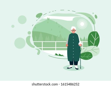 Grandmother in front of pine trees design, Old woman female person mother grandparents family senior and people theme Vector illustration