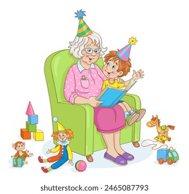 Сute grandmother and funny grandson in birthday hats are reading book, sitting on an armchair, surrounded by toys. In cartoon style. Isolated on white background. Vector illustration.