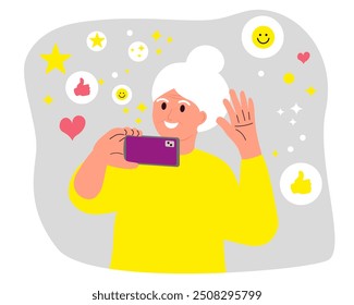Grandmother with gadget. Positive feedback to post in social media. Cartoon senior Female character with mobile phone. Flat vector illustration