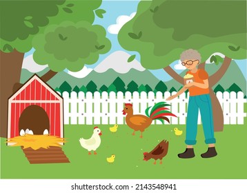 Grandmother in the garden feeds chickens. Elderly woman life style concept hobbies
Household, animals vector illustration