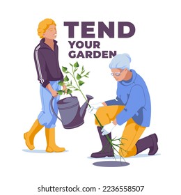 grandmother is gardening with her grandson. Isolated on white background. Vector flat illustration