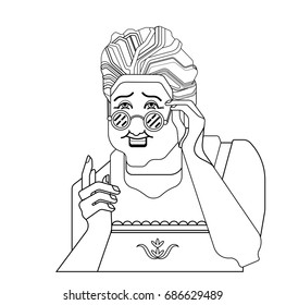 Grandmother gesture.Granny old woman gesture. Retro vector illustration. Pretty old woman in glasses gives an advice. White background. Simple black lines.
