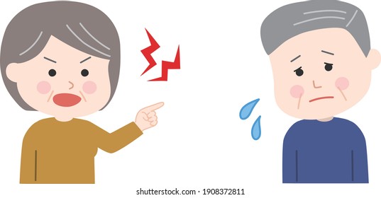 Abuela enojada con su marido. Ilustración vectorial aislada en fondo blanco.