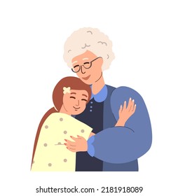 Grandmother And Girl Child Hugging Together.Love Of Grandma And Grandchild.Elderly Woman Support Grand Daughter.Happy Granny And Kid,warm Hugs.Flat Vector Illustration Isolated On White Background