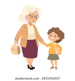 Grandmother and girl hold hands. Love for grandmother and granddaughter.An elderly woman supports her granddaughter.Happy grandmother and child, warm hugs. Flat vector illustration on white backgroun