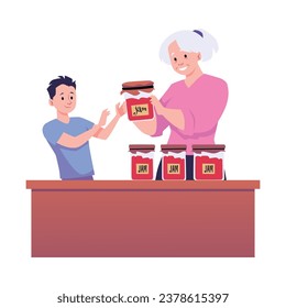 Grandmother gives grandson a jar of jam. Elderly woman regales the boy. Glass jars with fruit or berry jam vector illustration. Cartoon natural food, conservation dessert isolated on white