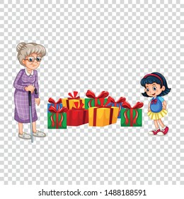 Grandmother gives her grandson a bunch of gifts