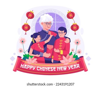 Grandmother giving lucky red envelopes to her two grandchildren. Happy Chinese New Year. Vector illustration in flat style
