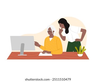 Grandmother with glasses learning how to use computer from young granddaughter vector illustration