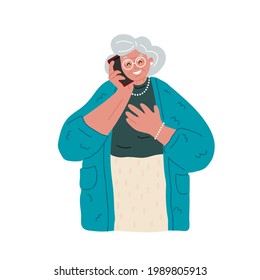 Grandmother in glasses talking on the mobile phone.Granny using cellular.Happy old woman take a call with her smartphone on white background.Call your mother.Vector flat illustration