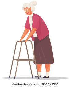 Grandmother with glasses walks with adult walker. Elderly woman moves, takes care of health