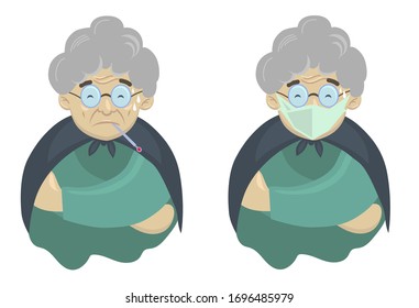 
Grandmother got the flu virus. Flat design, an elderly woman at risk infected the crown with a virus and put on a medical mask. Set of 2 sick women with a thermometer and a mask.